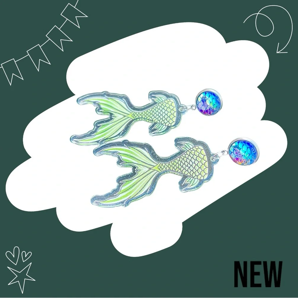 New Relief Double-sided Sparkling Multi-color Mermaid Fishtail Acrylic Earrings - Picture 3 of 8
